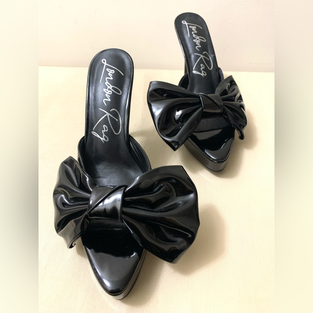 London Rag Black My Time Patent Pu Bow Detail High Heeled Black Sandal Wmns 8.5 - Picture 5 of 12